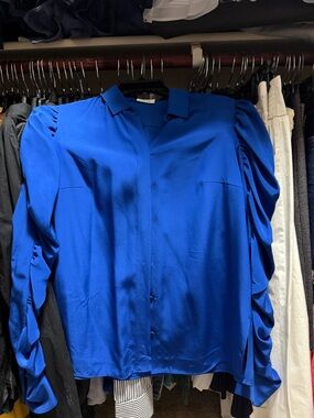 Akris Punto 100% Mulberry Silk Ruched Sleeve Blouse - Cobalt Blue